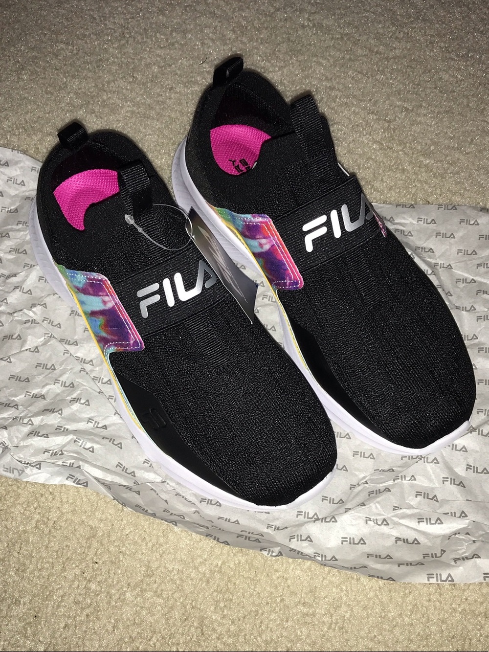 Fila Women's Black Slip-On Sneakers with Pink Liner and Iridescent Accents
